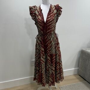 Ulla Johnson Brick Red and Olive Printed Ruffle Midi Dress